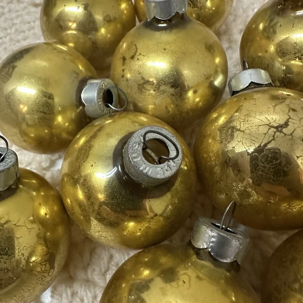Vintage Made in USA Lot of 11 Small Gold Christmas Ornaments Crazing